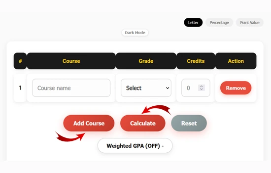 Pressing the calculate button for GPA estimation