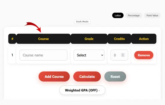 course name for gpa calculation