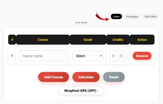 grade formats selection in gpa calculator