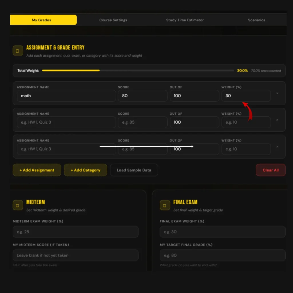 enter each assignment weight in this calculator